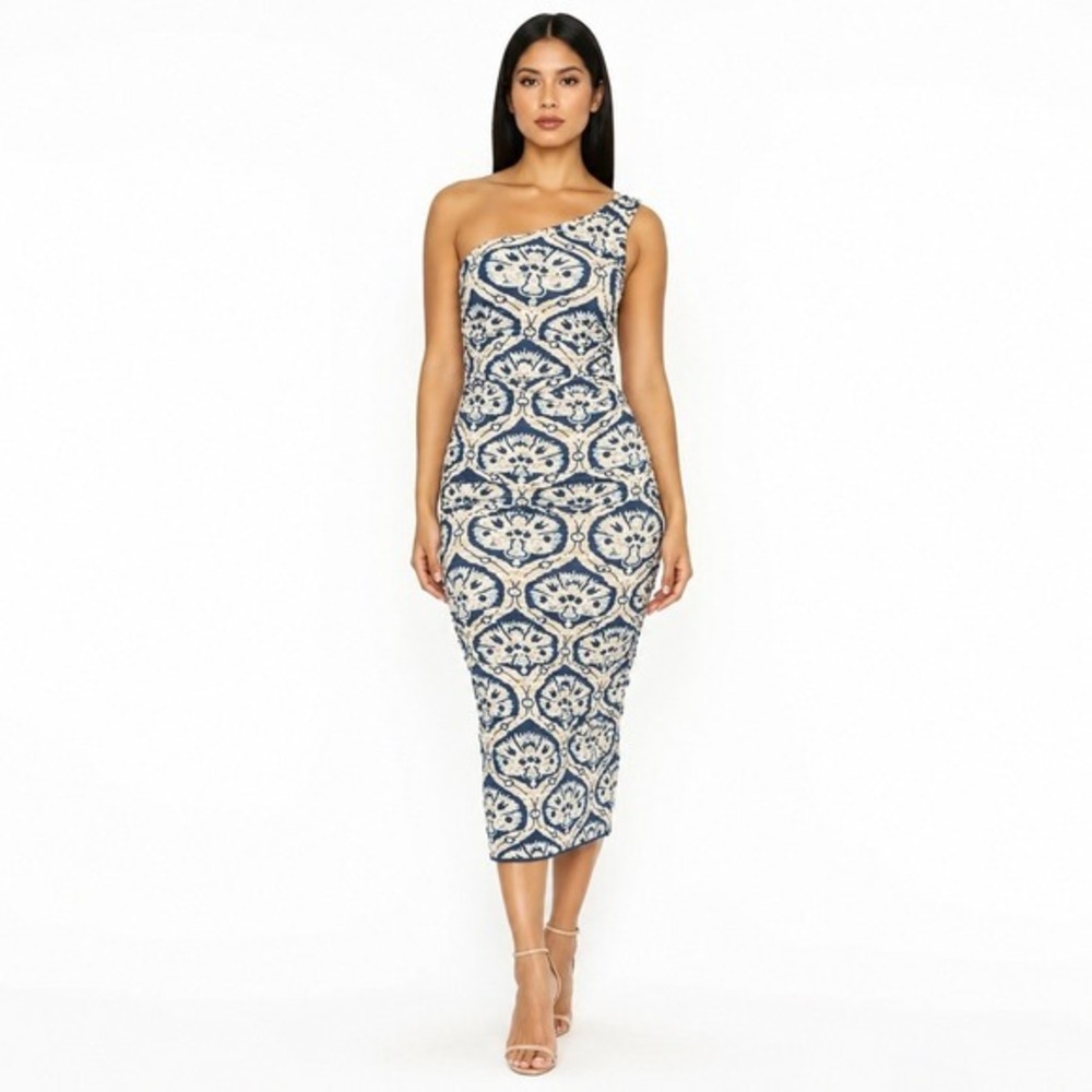 NWT House of Harlow 1960 Damask One Shoulder Midi Dress Blue Cream Ruched Size S